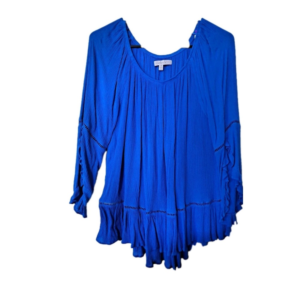 013) Fever Womens Blouse Medium Fever Boho Ruffle Sleeve Crinkled Royal Blue Top